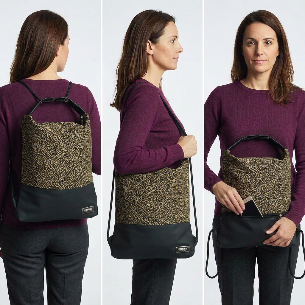 Immagine generata con IA: modella in maglia viola mostra Como 24 con jacquard nero e oro e base nera, come zaino, a spalla e inserendo un telefono nella tasca posteriore.