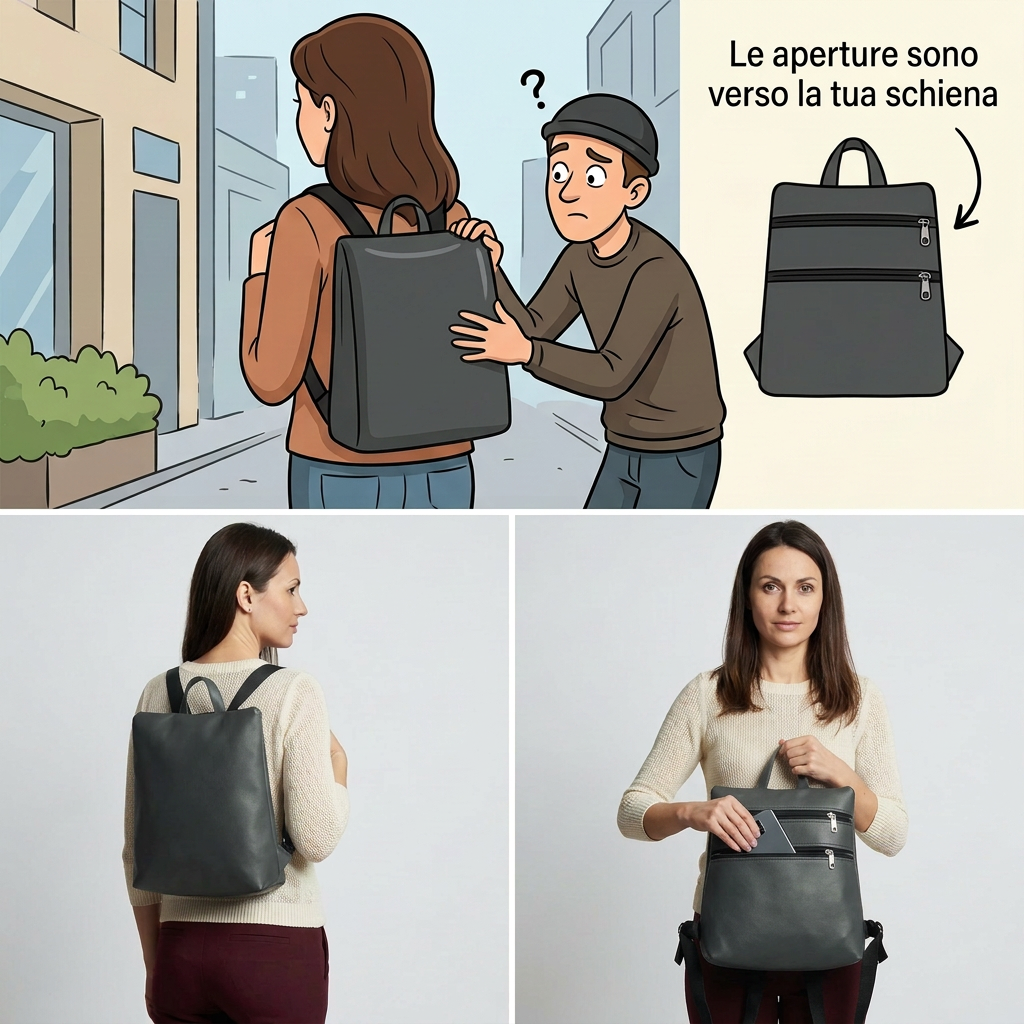 Sparta 11 grigio scuro: vignetta sulle aperture rivolte verso la schiena, foto dello zaino indossato e accesso alla tasca posteriore con uno smartphone.