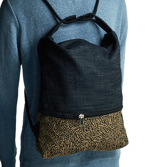 Como 28 – Zaino-borsa artigianale in jeans e jacquard nero e oro
