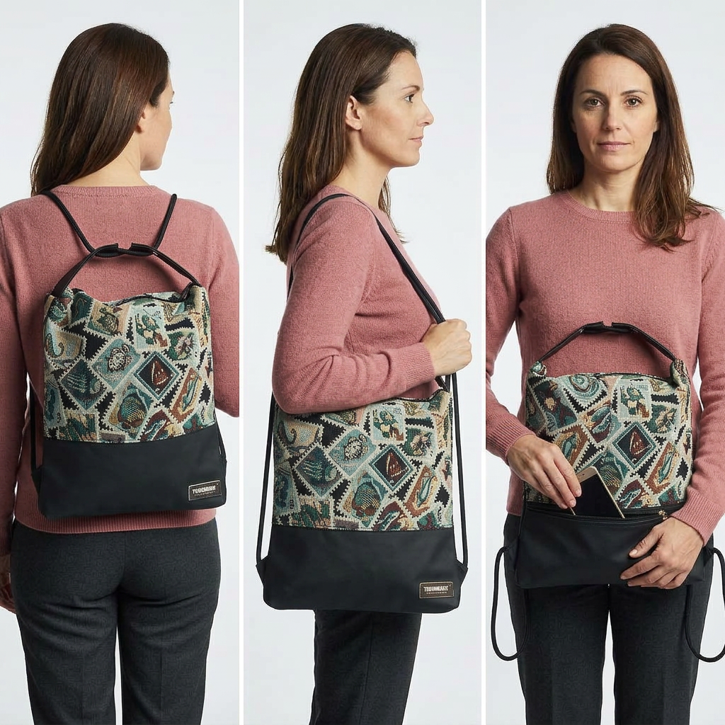 Immagine generata con IA: modella in maglia rosa mostra Como 25 in jacquard a rombi multicolore e base nera, come zaino, a spalla e con telefono nella tasca posteriore.