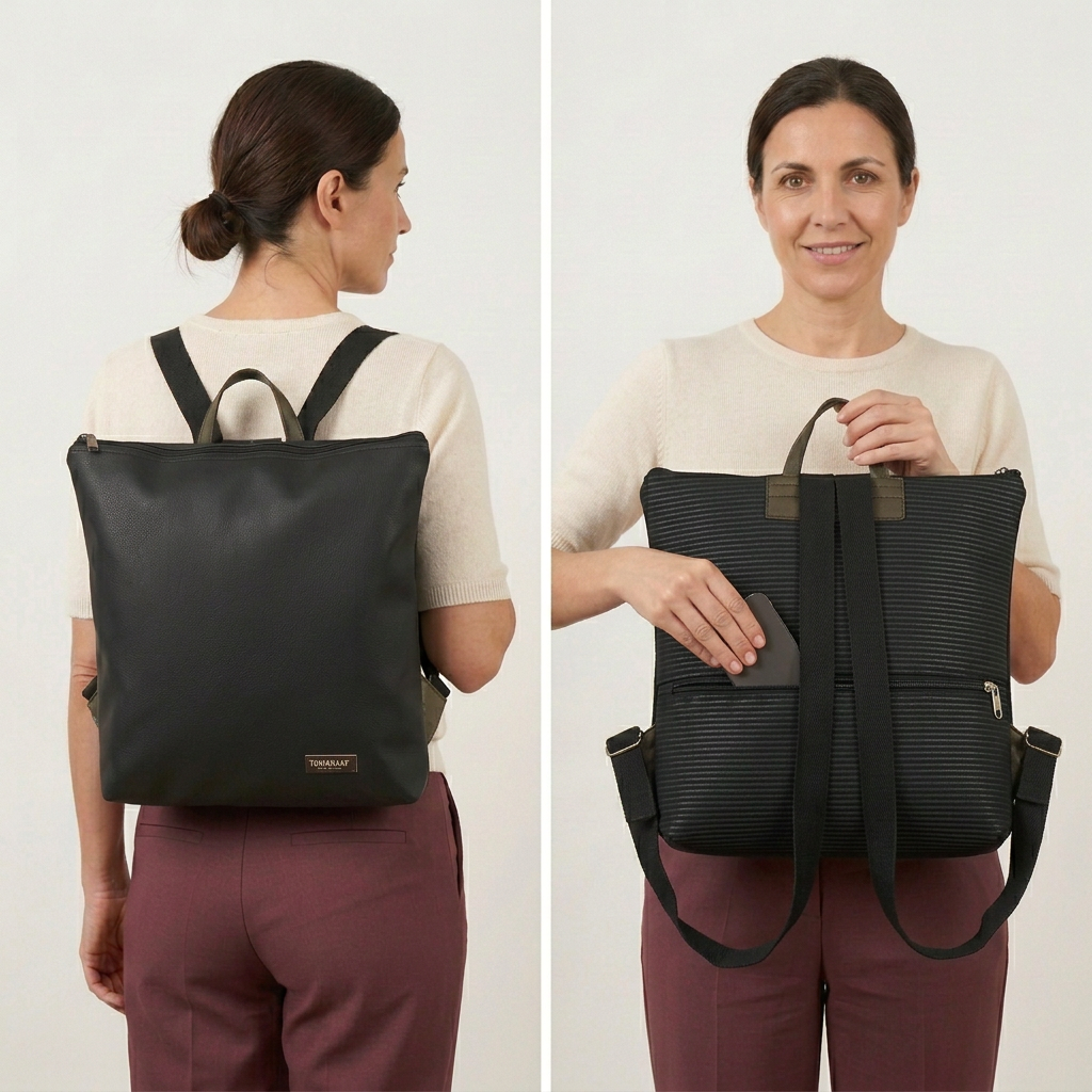 Cuneo XXL 02 grigio antracite martellato in due pose: indossato da una donna e tenuto davanti mentre ripone il telefono nella tasca sullo schienale.
