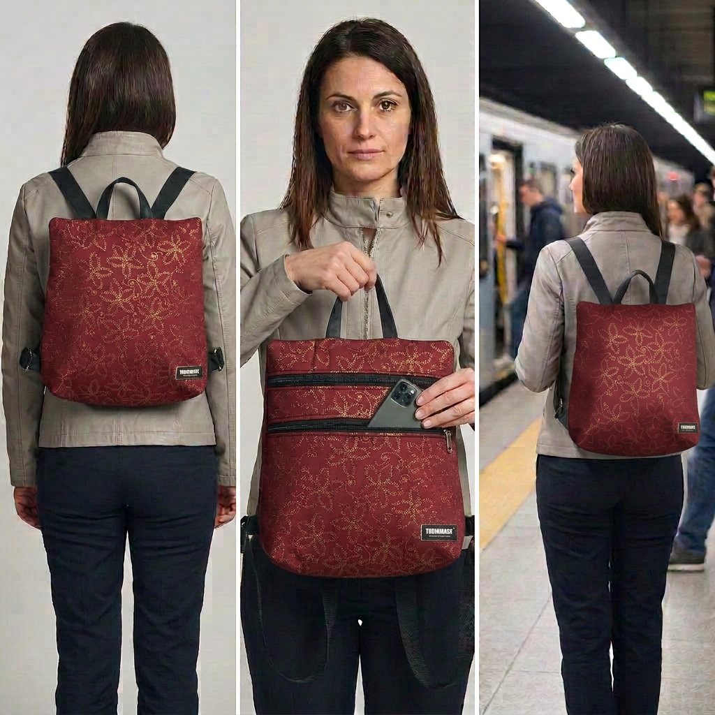 Sparta 15 in tessuto stampato bordeaux con motivi color oro: indossato in studio, accesso alla tasca sullo schienale e indossato alla metropolitana con frontale senza zip.