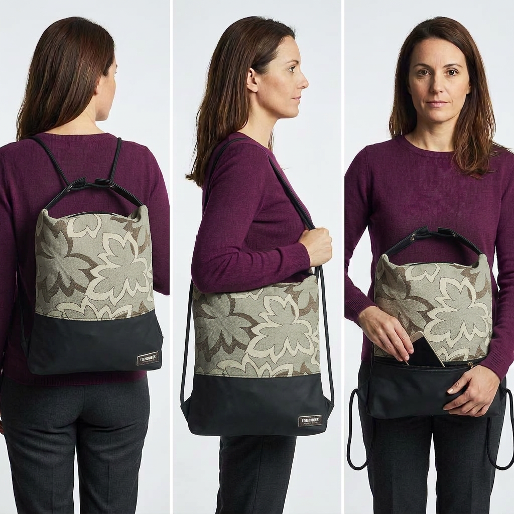 Immagine generata con IA: modella mostra Como 19 in jacquard floreale e nylon nero come zaino, a spalla e con telefono nella tasca posteriore