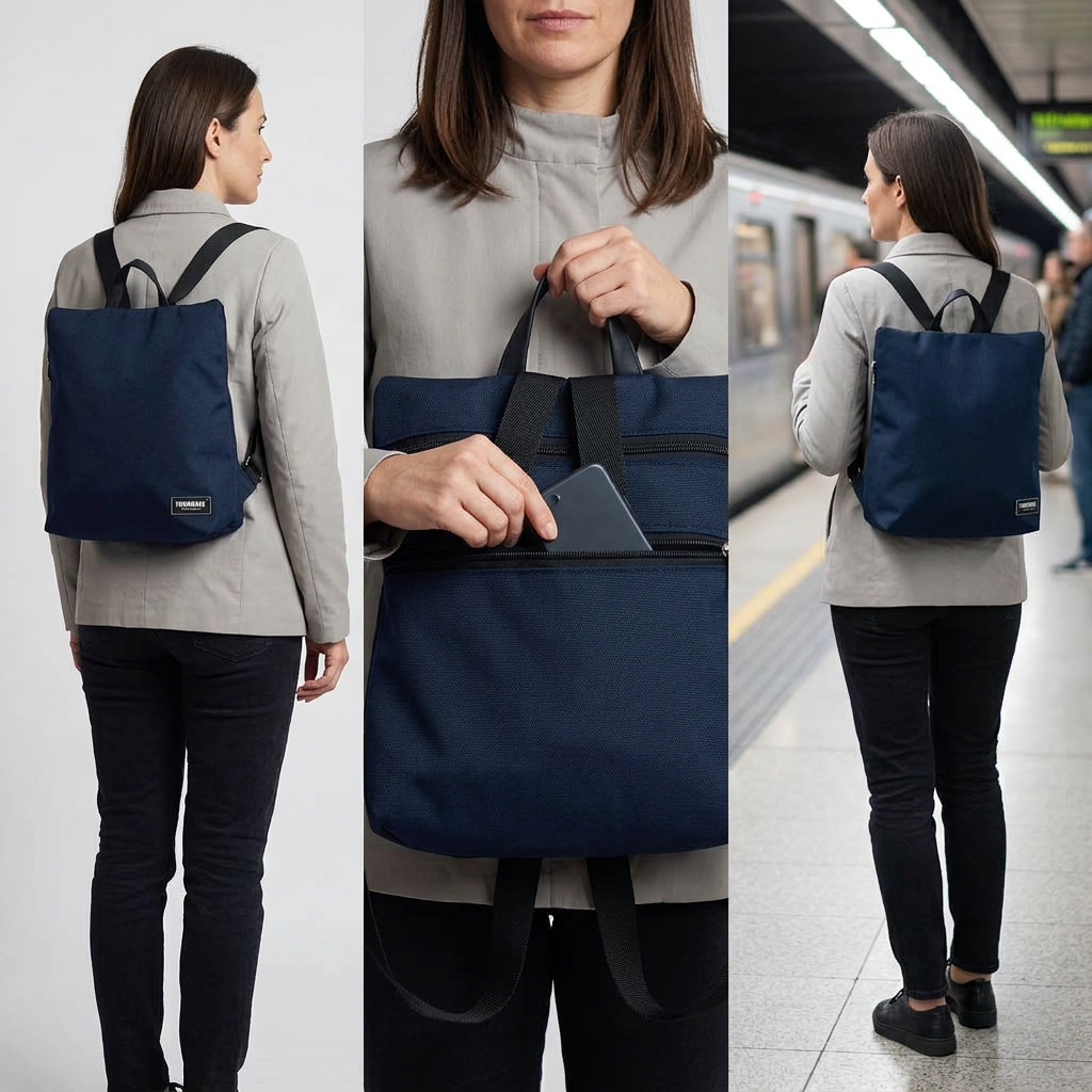 Sparta 21 in nylon blu scuro con spallacci neri in tre pose: indossato in studio, accesso alla tasca sullo schienale e indossato alla metropolitana.