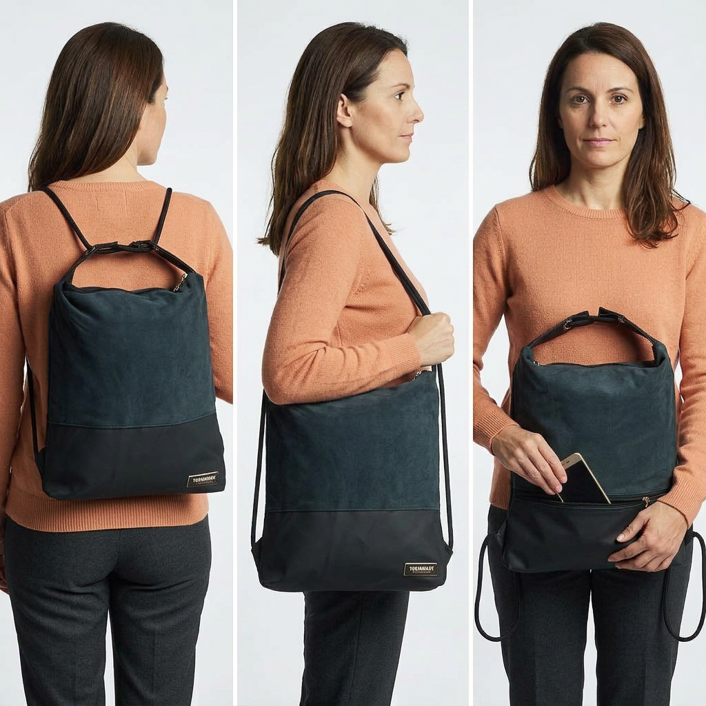 Immagine generata con IA: modella mostra Como 18 in Alcantara scura e nylon nero come zaino, a spalla e con telefono nella tasca posteriore