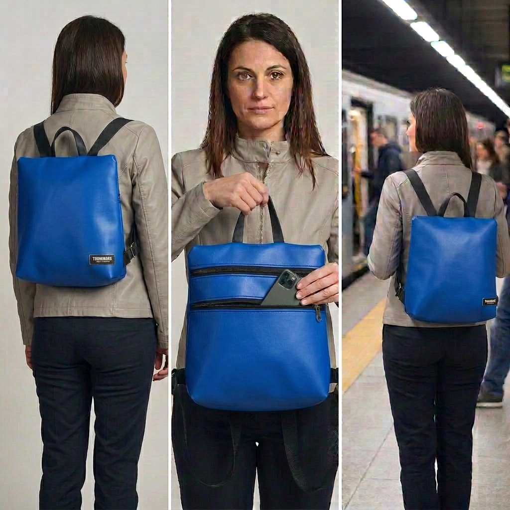 Sparta 16 in finta pelle blu acceso in tre pose con giubbino grigio: indossato in studio, accesso alla tasca sullo schienale e indossato alla metropolitana.