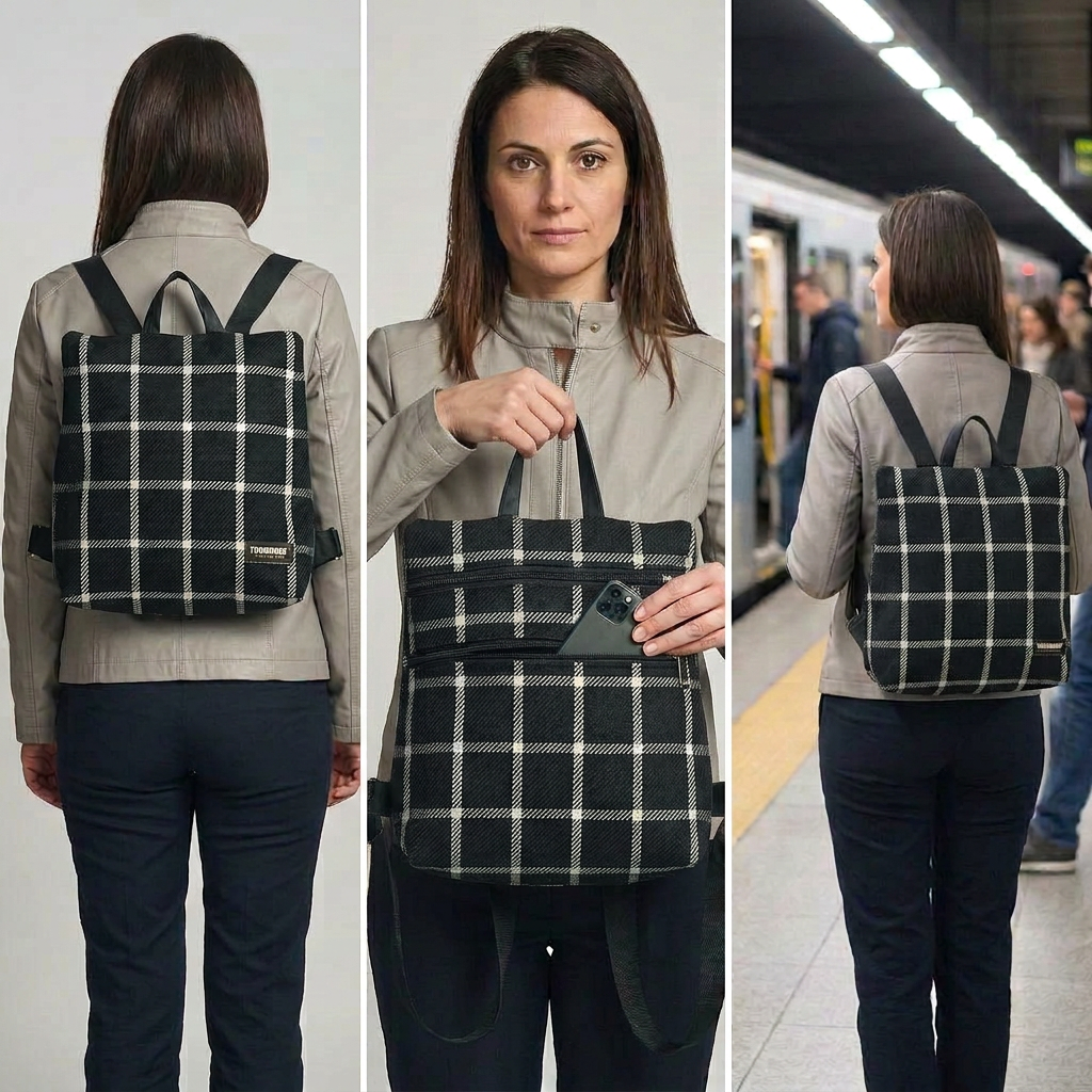 Sparta 14 in tartan nero e bianco in tre pose: indossato in studio, accesso alla tasca sullo schienale e indossato alla metropolitana, con giubbino grigio.