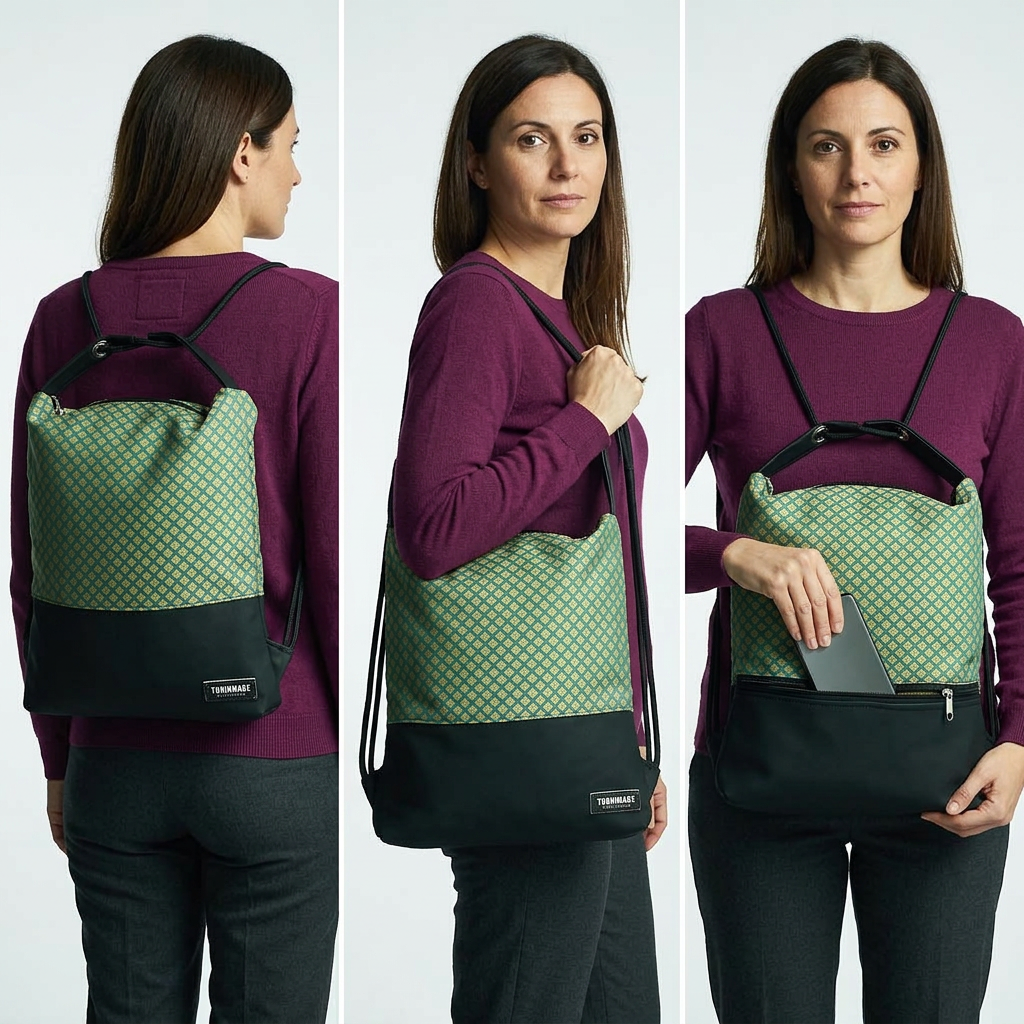 Immagine generata con IA: modella in maglia viola mostra Como 21 a piccoli rombi verdi e gialli con base nera, come zaino, a spalla e con telefono nella tasca posteriore.