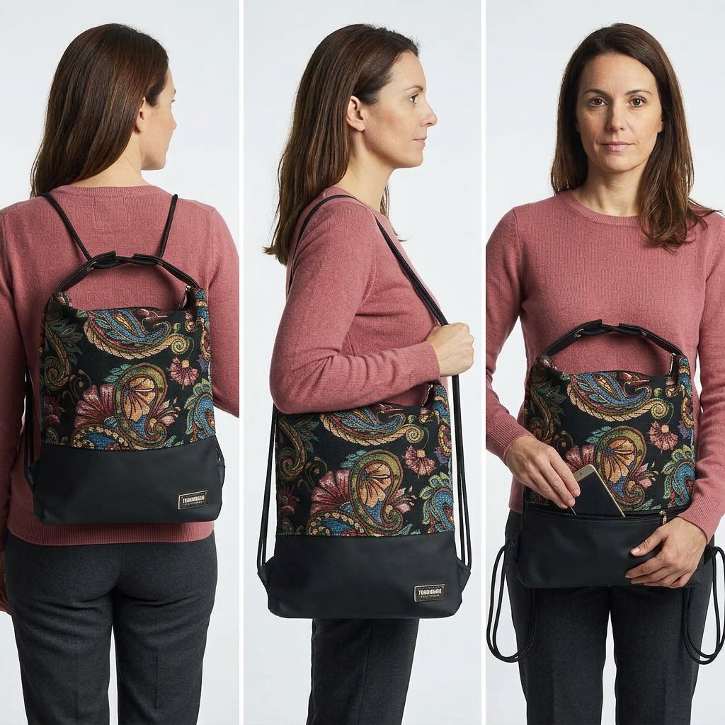 Immagine generata con IA: modella in maglia rosa mostra Como 23 in jacquard paisley multicolore e finta pelle nera, come zaino, a spalla e con telefono nella tasca posteriore.
