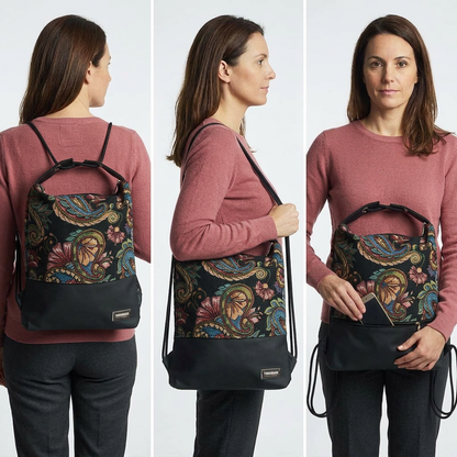 Immagine generata con IA: modella in maglia rosa mostra Como 23 in jacquard paisley multicolore e finta pelle nera, come zaino, a spalla e con telefono nella tasca posteriore.