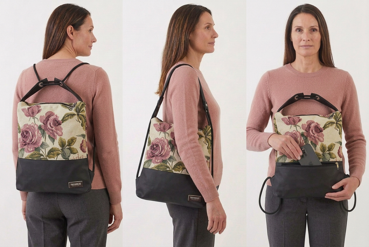 Immagine generata con IA: modella con maglia rosa cipria e pantaloni antracite mostra Como 06 con rose come zaino, a spalla e con telefono nella tasca posteriore