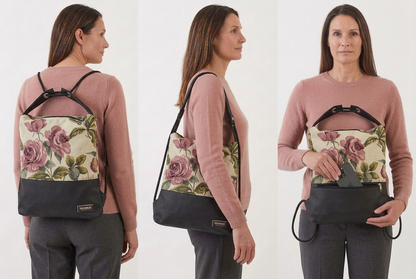Immagine generata con IA: modella con maglia rosa cipria e pantaloni antracite mostra Como 06 con rose come zaino, a spalla e con telefono nella tasca posteriore