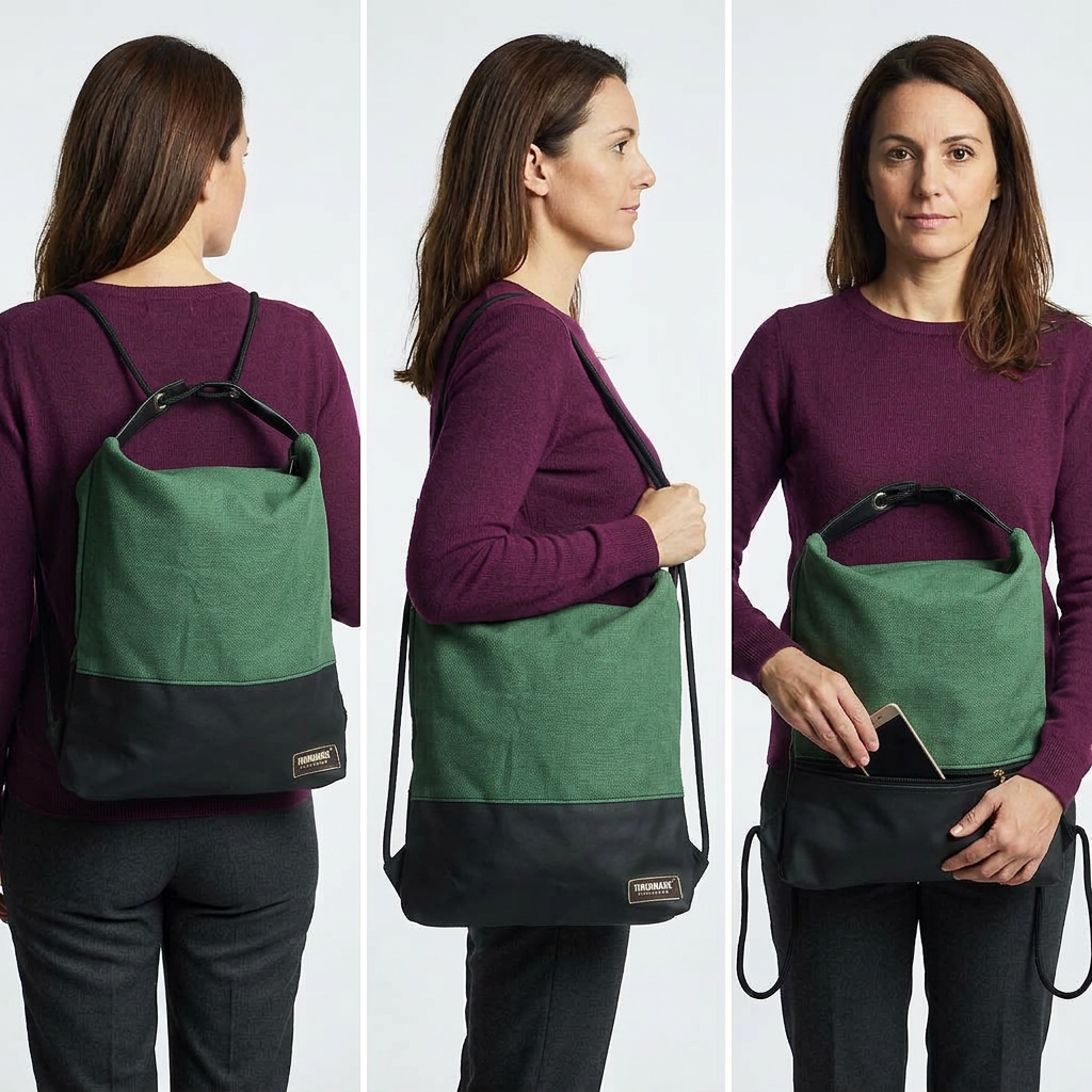 Immagine generata con IA: modella con maglia bordeaux mostra Como 10 verde e nera come zaino, a spalla e con telefono nella tasca posteriore