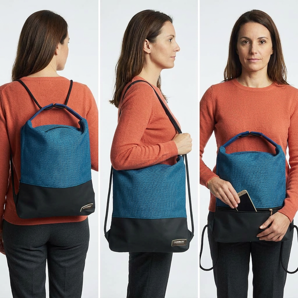Immagine generata con IA: modella in maglia corallo mostra Como 26 in jacquard blu e finta pelle nera, come zaino, a spalla e con telefono nella tasca posteriore.