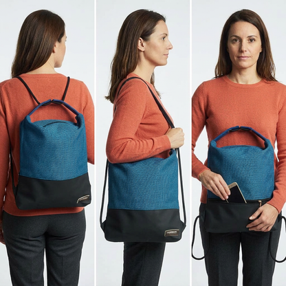 Immagine generata con IA: modella in maglia corallo mostra Como 26 in jacquard blu e finta pelle nera, come zaino, a spalla e con telefono nella tasca posteriore.