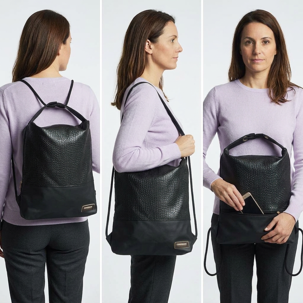 Immagine generata con IA: modella con maglia lavanda mostra Como 11 nera come zaino, a spalla e con telefono nella tasca posteriore