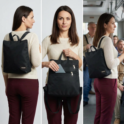 Sparta 06 in nylon accoppiato nero in tre pose: indossato, accesso alla tasca sullo schienale senza targhetta e utilizzo sull’autobus con passeggeri sfocati.
