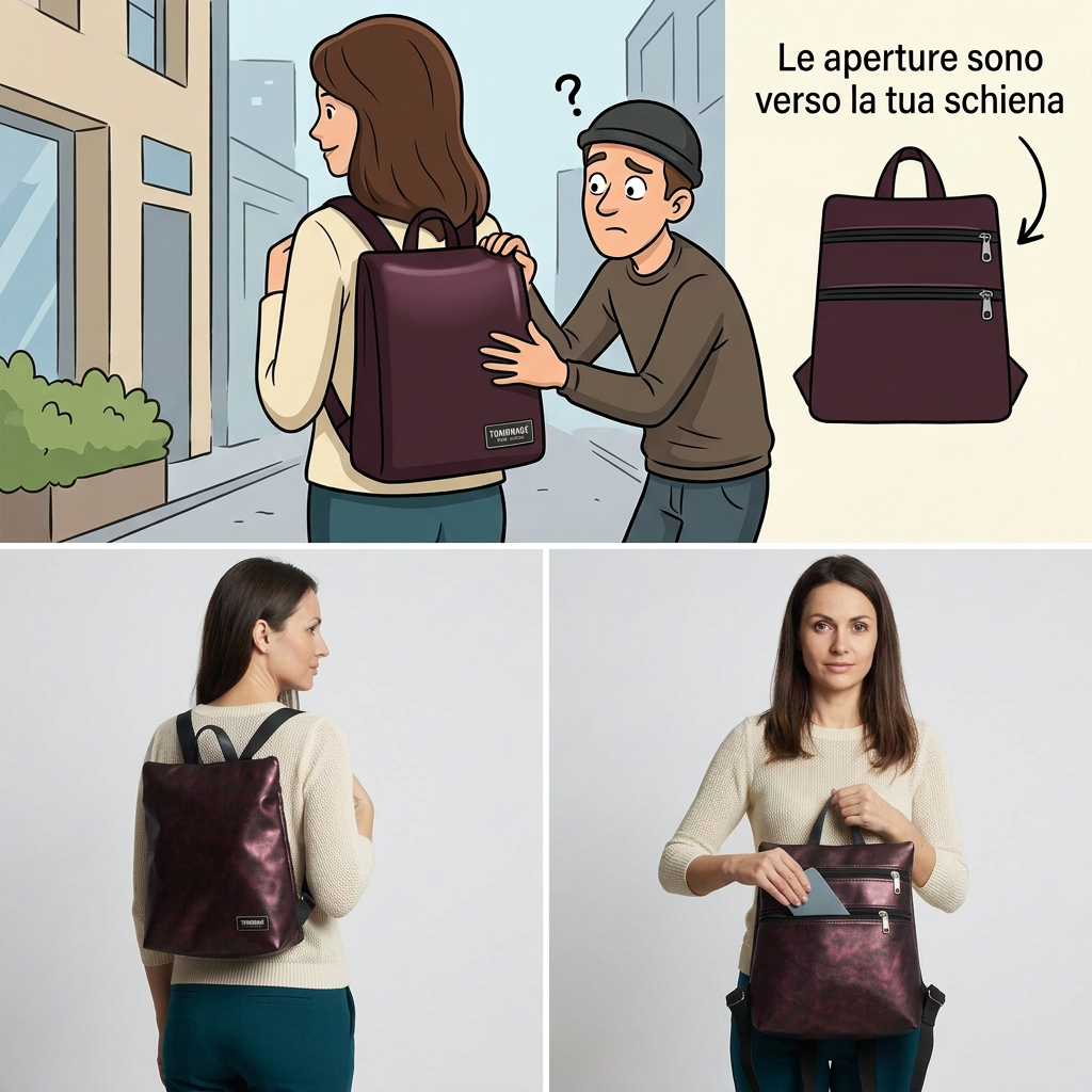Sparta 10 bordeaux: vignetta sulle aperture rivolte verso la schiena e due pose fotografiche, zaino indossato e accesso alla tasca posteriore.