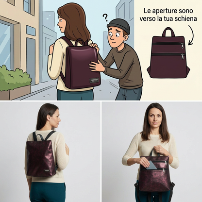 Sparta 10 bordeaux: vignetta sulle aperture rivolte verso la schiena e due pose fotografiche, zaino indossato e accesso alla tasca posteriore.