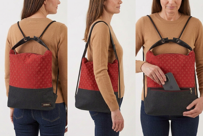 Immagine generata con IA: modella con maglia cammello e jeans scuri mostra Como 02 come zaino, a spalla e con telefono nella tasca posteriore