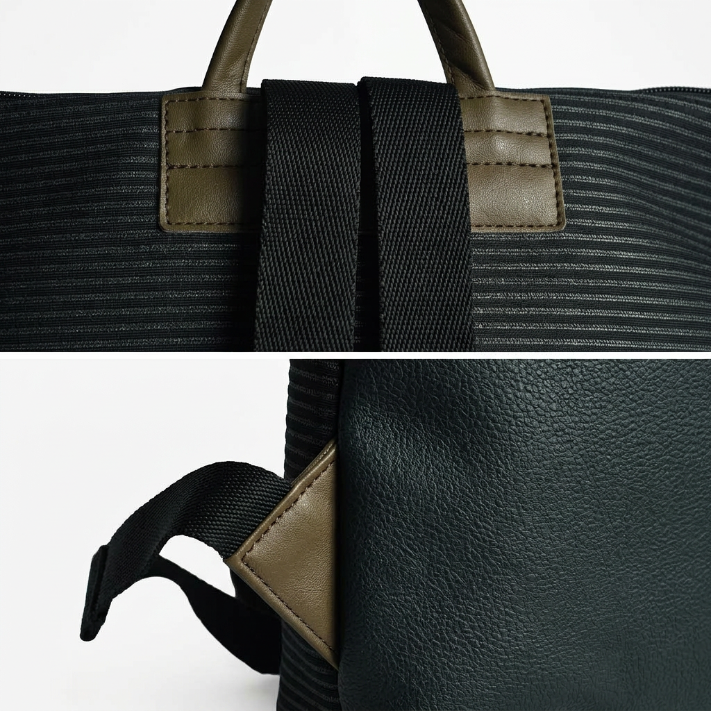 Dettagli degli attacchi in pelle superiori e inferiori di Cuneo XXL 02, con schienale in neoprene a righe e finta pelle grigio antracite martellata.