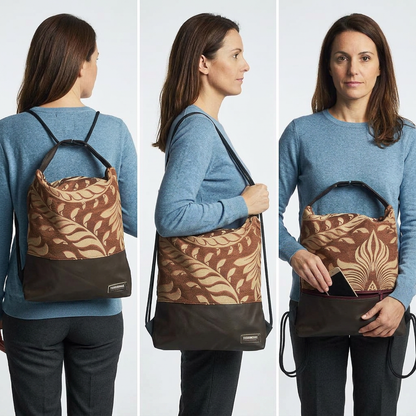 Immagine generata con IA: modella in maglia azzurra mostra Como 22 a foglie rame e beige con base scura, come zaino, a spalla e con telefono nella tasca posteriore.