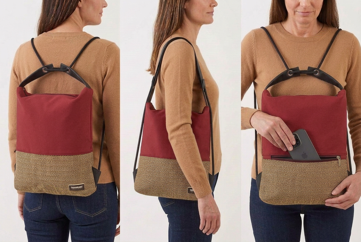 Immagine generata con IA: modella con look autunnale mostra Como 03 bordeaux e jacquard a spina di pesce come zaino, a spalla e con telefono nella tasca posteriore