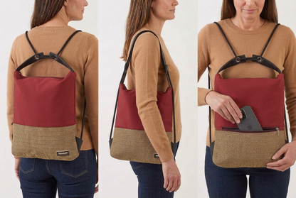 Immagine generata con IA: modella con look autunnale mostra Como 03 bordeaux e jacquard a spina di pesce come zaino, a spalla e con telefono nella tasca posteriore