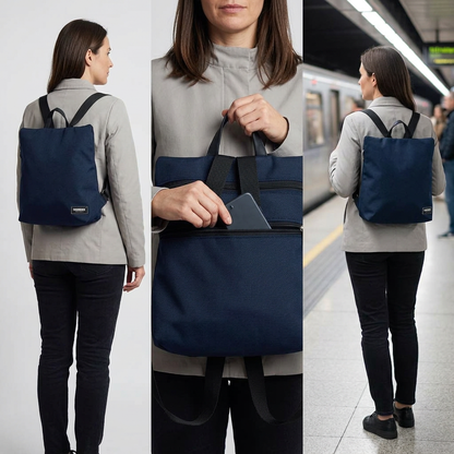 Sparta 21 in nylon blu scuro con spallacci neri in tre pose: indossato in studio, accesso alla tasca sullo schienale e indossato alla metropolitana.
