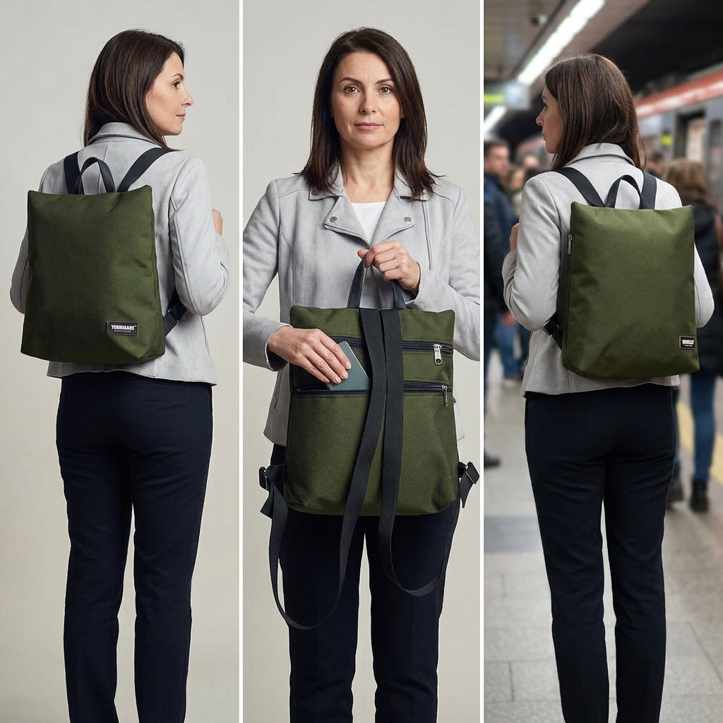 Sparta 20 in nylon verde oliva con spallacci neri in tre pose: indossato in studio, accesso alla tasca sullo schienale e indossato alla metropolitana.