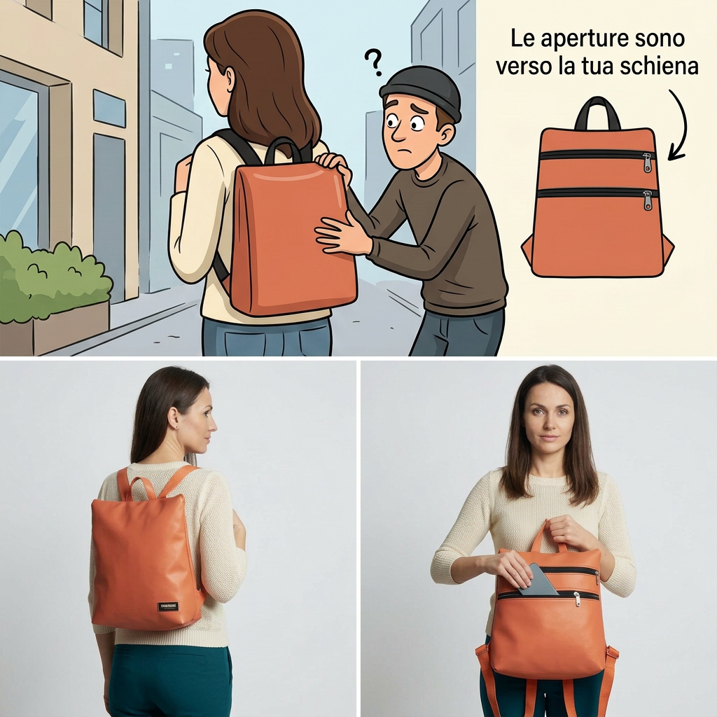 Sparta 12 arancione: vignetta sulle aperture rivolte verso la schiena e due pose fotografiche, zaino indossato e accesso alla tasca posteriore con uno smartphone.