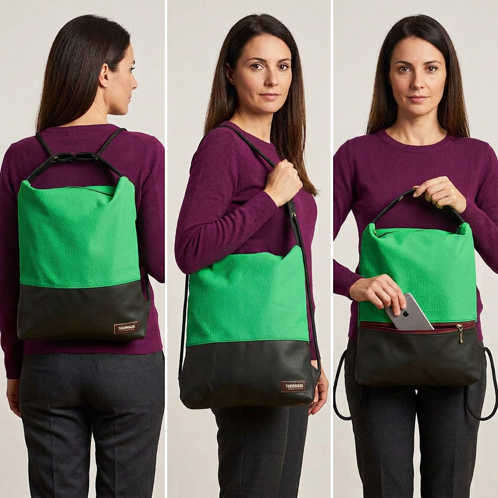 Immagine generata con IA: modella mostra Como 12 verde come zaino, a spalla e con telefono nella tasca posteriore con zip bordeaux